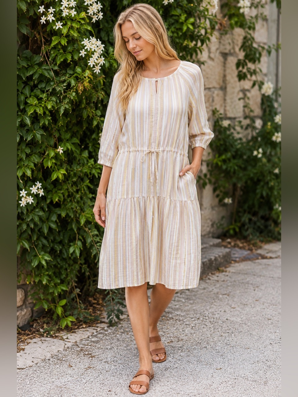 Thought 100% Hemp Striped Midi Dress Drawstring Waist Cottagecore Size 8 Coastal